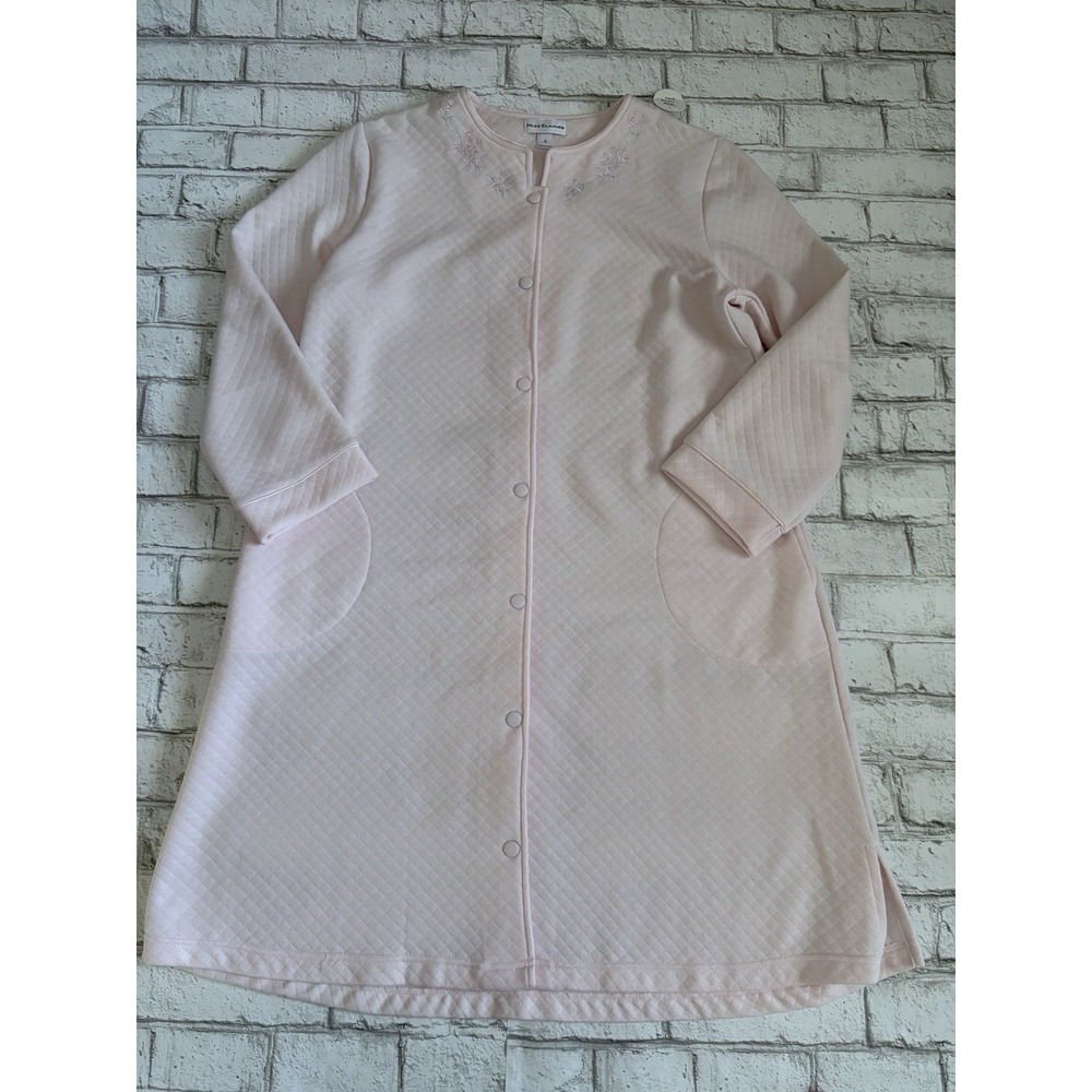 Miss Elaine Quilted Robe Snap Up Size Pink Small Floral Pockets New